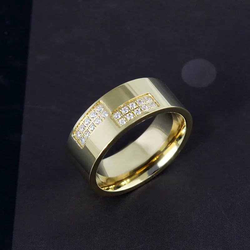 Jóias de aço de titânio jóias zircônia cúbica homens anéis de dedo de moda ouro 8mm tamanho 7-13