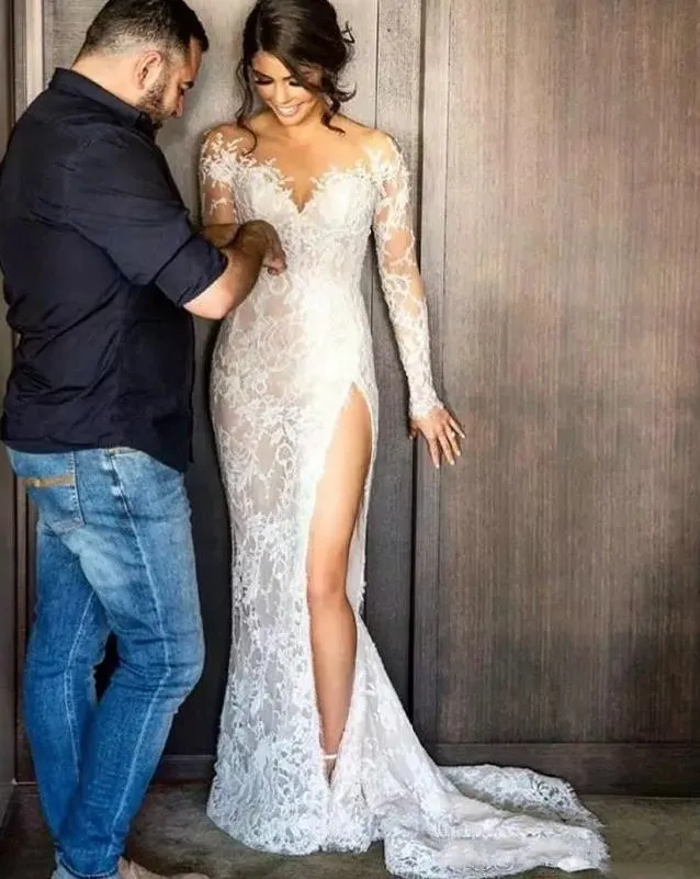 Abiti da sposa a sirena Steven Khalil in pizzo spaccato con gonna staccabile Collo trasparente Maniche lunghe Gonna a fessura alta Gow320p da sposa sexy