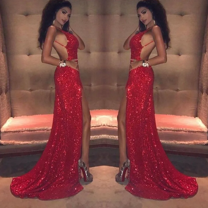 Robes de bal sirène rouge scintillantes col en V profond ouvert dos nu fermeture éclair robe de soirée pailletée sexy côté fendu balayage train robes de soirée formelles