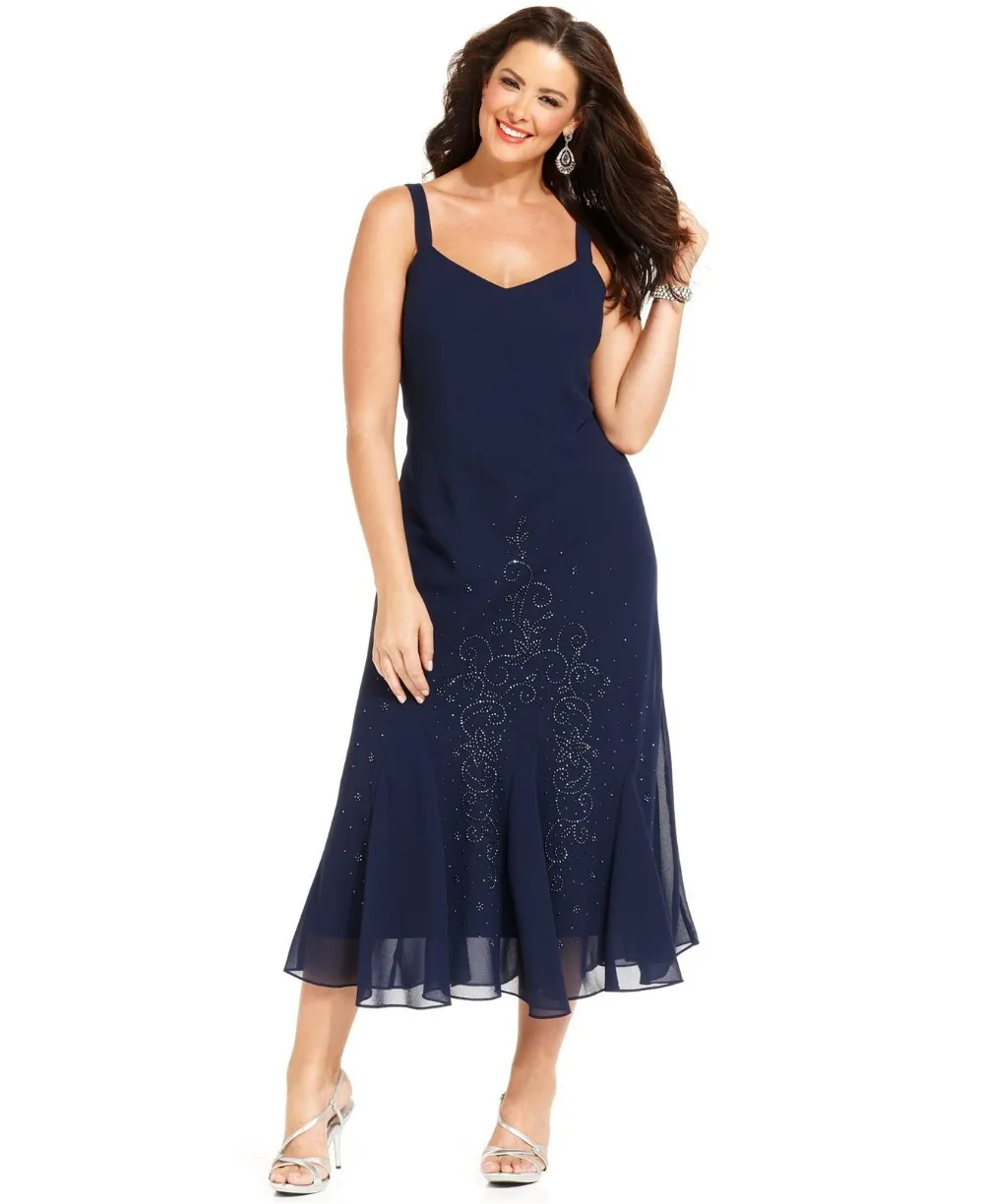 Navy Blue Chiffon Tea Length Plus Size Mother of the Bride Dresses with Jacket 34 Sleeves vestido Mother Formal Wear2172963