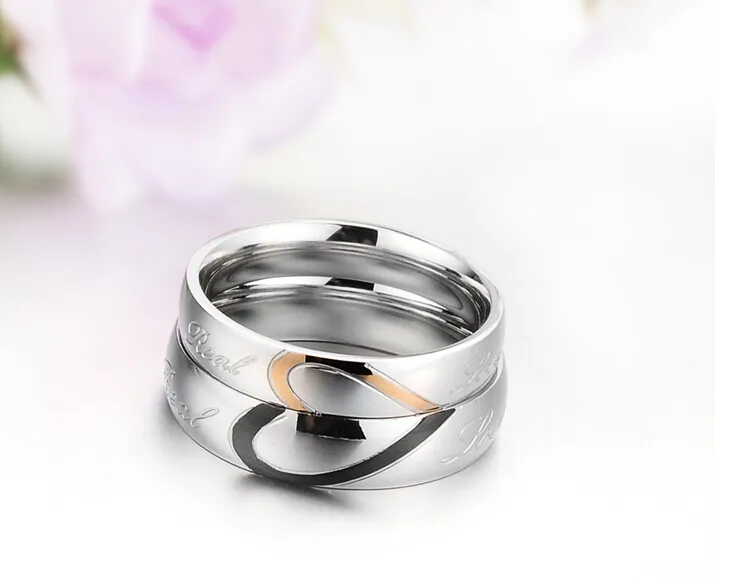 Mode smycken 316L Rostfritt stål Silver Halv hjärta Enkel Cirkel Verklig Kärlek Par Ring Bröllop Ringar Förlovningsringar Alla hjärtans gåva