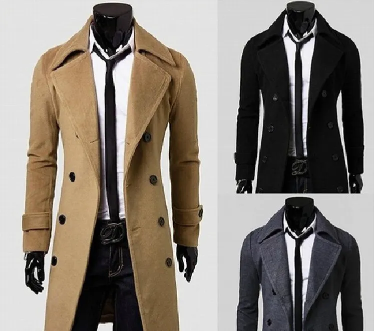 Hot Sale 2015 Ny Varumärke Vinter Mens Long Pea Coat Men's Wool Coat Slå ner Krage Dubbelbröst Män Trench Coat England Wind