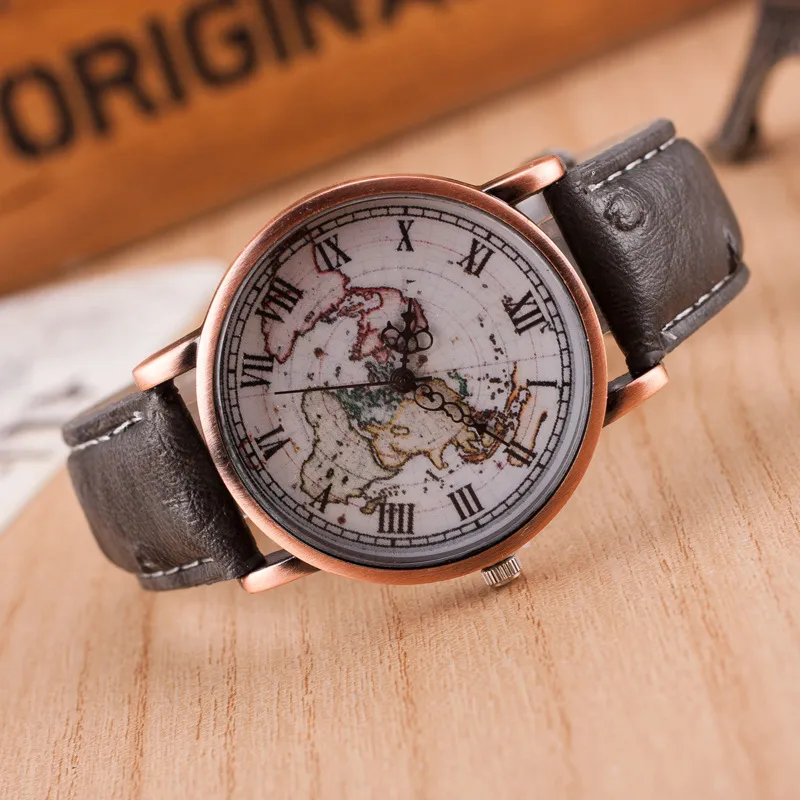 Vintage Men's Watch Casual Leather Armbandsur Världskarta Rom Nummer Digital Alloy Dial Antique Quartz Klockor Klocka