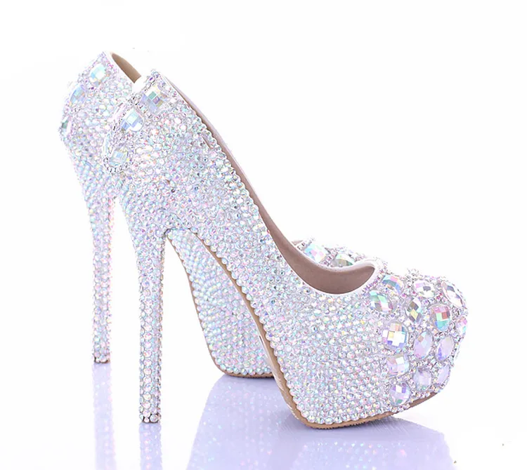 10/12 / 14 cm Stiletto Heel Wedding Buty Luksusowe Sparkly AB Crystal Bride Formal Sukienka Buty Platforma Rhinestone Party Prom