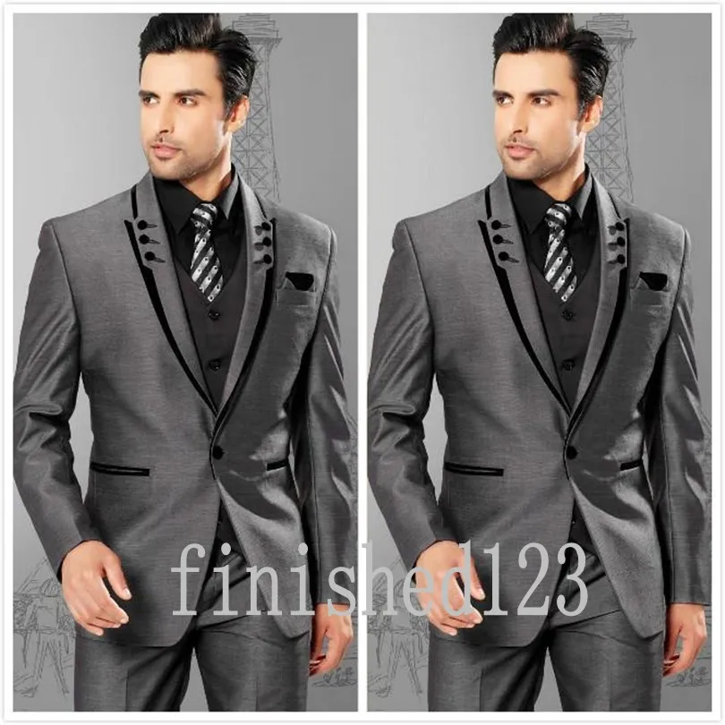 Fashionable One Button Grey Groom Tuxedos Peak Lapel Groomsmen Best Man Wedding Prom Dinner Suits (Jacket+Pants+Vest+Tie) G5180