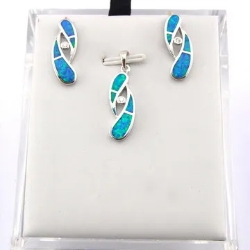 CZ Stone ile Mavi Opal Takı; Moda Kolye ve Küpe Meksika Ateşi Opal Set