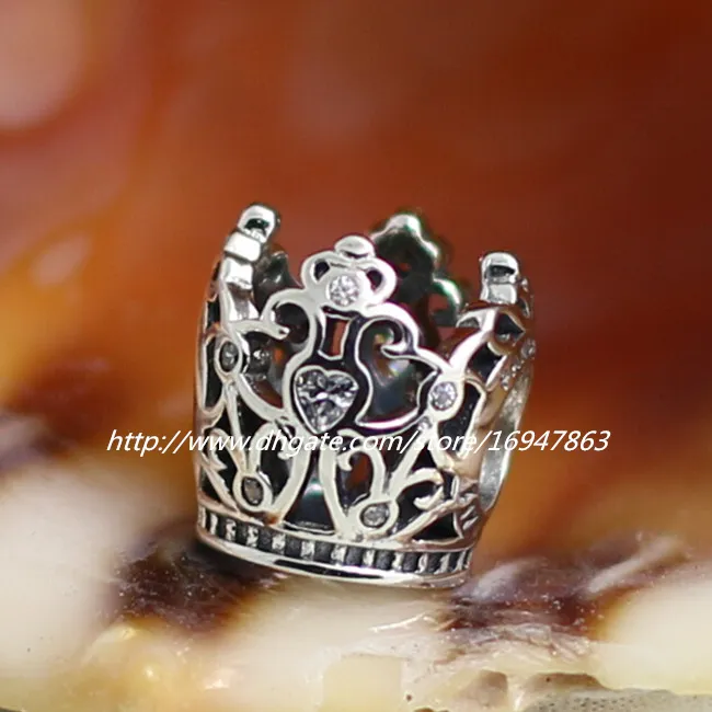 New 100% S925 Sterling Silver Princess Crown Charm Bead with Clear Cz Fits European Pandora Jewelry Bracelets271f