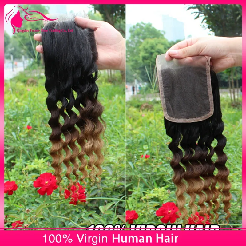 Malaysian Deep Wave Wavy Ombre Human Hair Extensions #1B 4 27 Ombre Hair Weave Bundles With Three Tone Ombre Lace Closure 