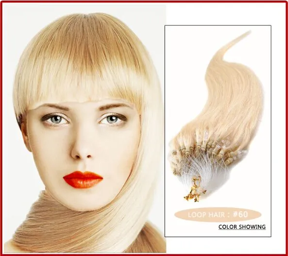 CHAUD!!! - 0.8g / s 200S / lot 14 "- 24" Micro Anneaux / boucle Remy Brésilien Extensions de cheveux humains Extension des cheveux, # 60 Platinum Blonde