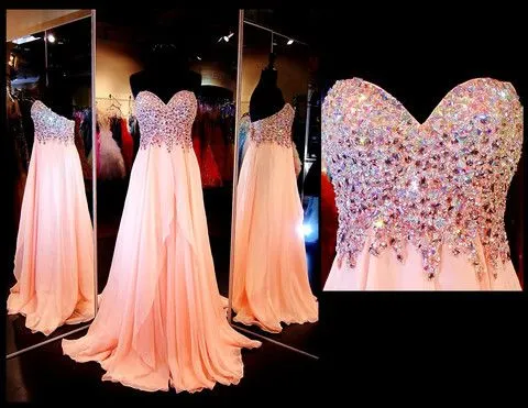 Vestido Real Photo Long Prom Vestidos Pink Chiffon Backless Crystal Beaded Empire Sweetheart desfile de noche vestido 2015 nuevo vestido de fiesta de diseño