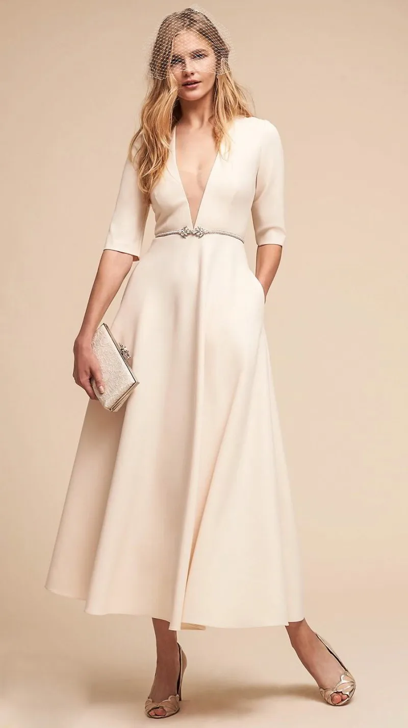 BHLDN 2018 Elfenbein Brautkleider Tiefer V-Ausschnitt Halbarm Elegante Boho Brautkleider Langes knöchellanges Strandhochzeitskleid