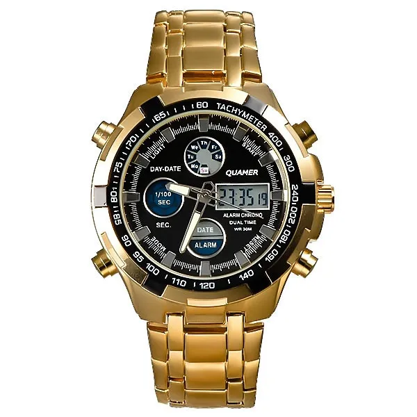 QUAMER Military Watches Men Luxury Brand Full Steel Watch Sports Fashion Quartz Multi-function LED Dual Display Wristwatch Relogio Masculino