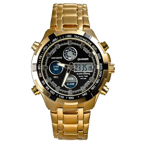 QUAMER Militar Relógios Homens Marca De Luxo Relógio de Aço Completo Sports Moda Quartz Multi-função LED Dual Display Relógio de Pulso Relogio masculino