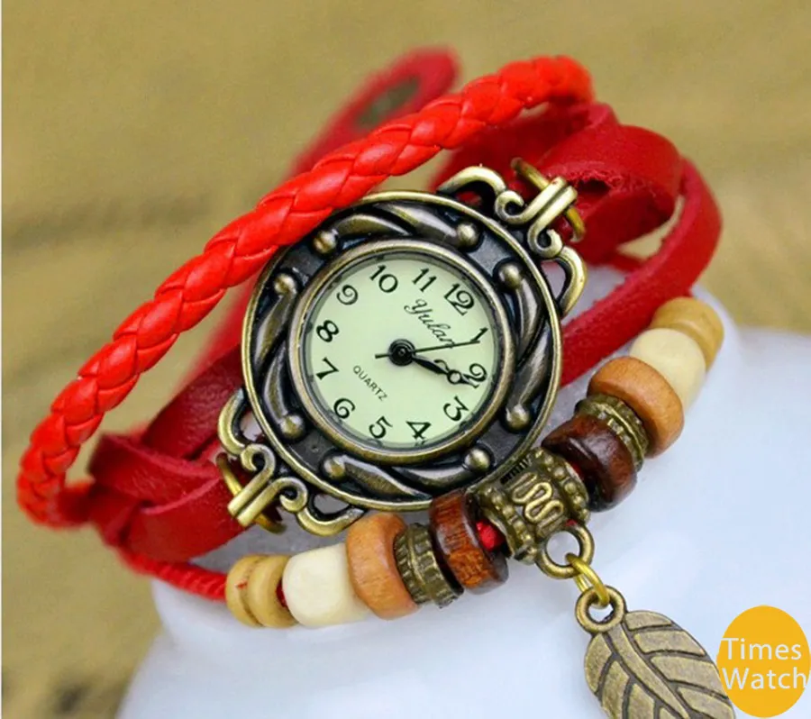 vintage watch New arrival Fashion vintage retro beaded braided rope bracelet wrap quartz cow leather wrist watch women for fift