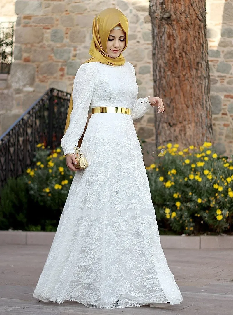 Vestidos Festa Arabiska Vit Snörning Långt Evening Klänningar Dubai Kaftan Muslim Prom Lacks Full Sleeves Abaya Islamic Dress 2016 Ny trend D024