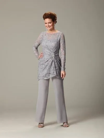 DHgate Mother of the Bride Lace Pant Suits Plus Size Scoop Ruched Long Sleeve Lady Bride Mother Formal Evening Party Pant Suits for Wedding Wedding Party Events