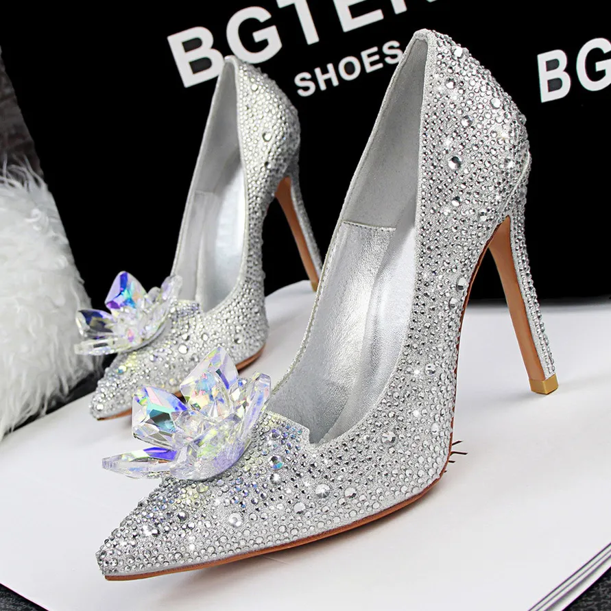 Cinderalla Crystal Shoes Rhinestone Wedding Shoes Silver Prom Gown Dress Shoes Size 34 to 39