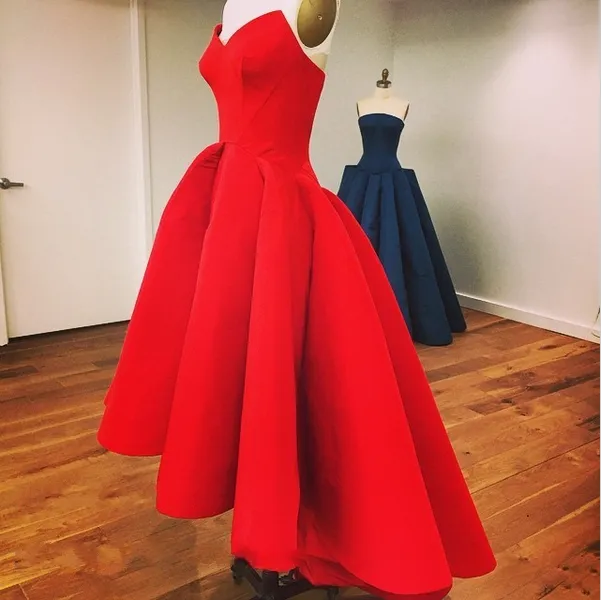 Classic Simple Red Puffy Ball Gown Hi Lo Evening Dresses Sweetheart Zipper Back Cheap Prom Arabic Dubai Formal Party Gowns1962