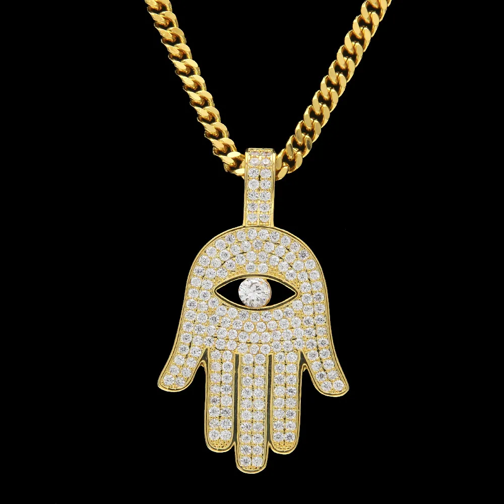 Micro Pave Hamsa Hand Necklace Cubic Zircon Fatima Palm Pendant