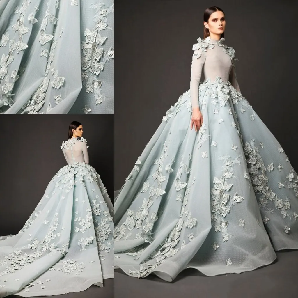 2016 col haut manches longues robes de soirée arabes sauge dentelle appliques robe de bal robes de bal sur mesure tribunal train robes de soirée formelles