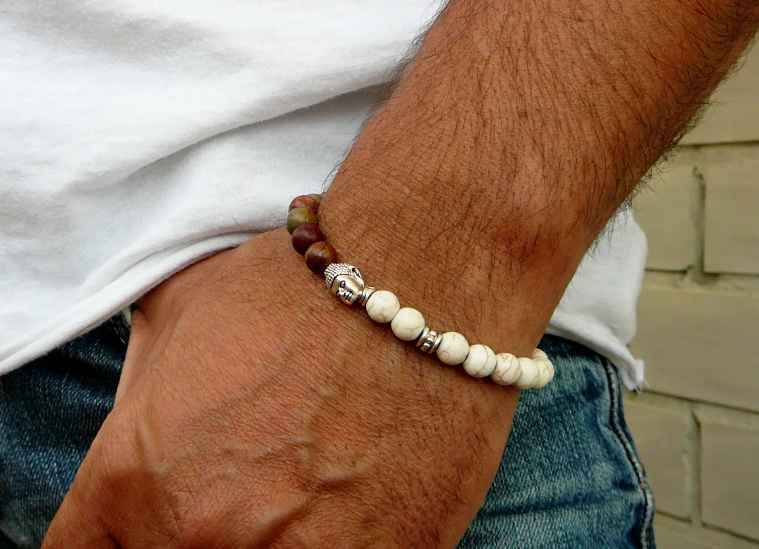 SN0233 Bracelet Mala Stretch Hommes Blanc Turquoise Bracelet Howlite Picasso Bouddhisme Yoga Poignet Bracelet Unisexe