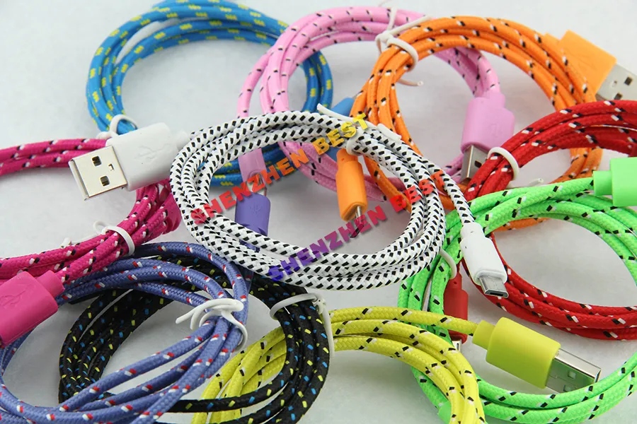 !! Colorful New 1M Fabric Nylon Braided Micro USB Cable for Samsung For Blackberry for HTC Cloth braided cable 