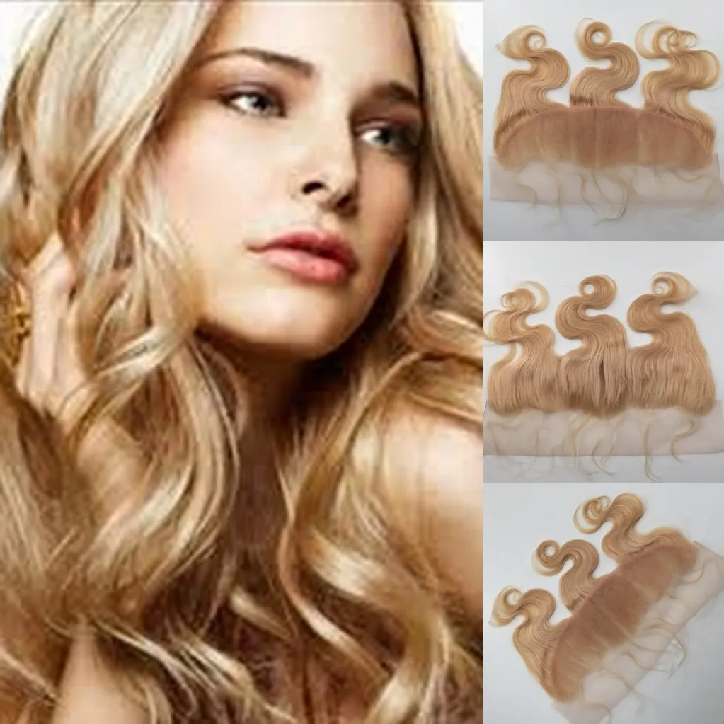 Девственница бразильский 613 блондинка кружева фронтальная закрытие 13x4 отбеленные узлы волос кусок 10-20 " объемная волна / прямые кружева Frontals