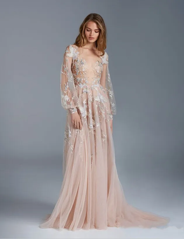 Paolo Sebastian Prom Dresses Sexy See door lange mouwen Een lijn tule bloem vogel appliques formele jurk celebrity jurk voor rode karper