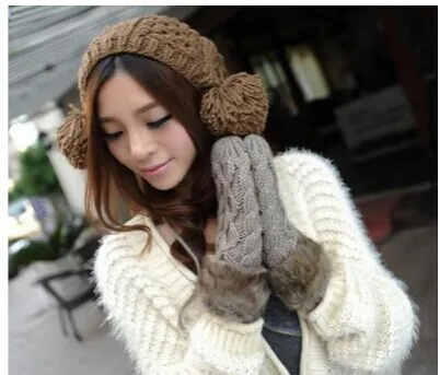 Fashion lady`s Faux Fur Mittens winter Knitted Halter Gloves Mittens for Women 