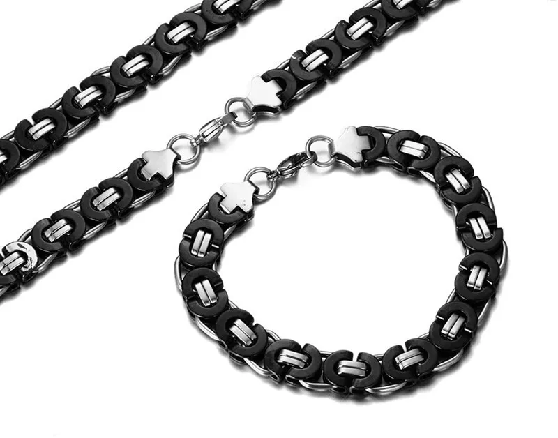 Newest Women Men 8mm/11mm Wide Silver Black Stainless Steel Fashion Flat Byzantine Link Chain Necklace Bracelet one Jewelry Set