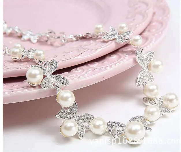 Collar de perlas de diamantes de imitación para boda + pendientes, conjuntos de joyería nupcial para boda, accesorios de boda, vestido de dama de honor, joyería de boda para fiesta HT035