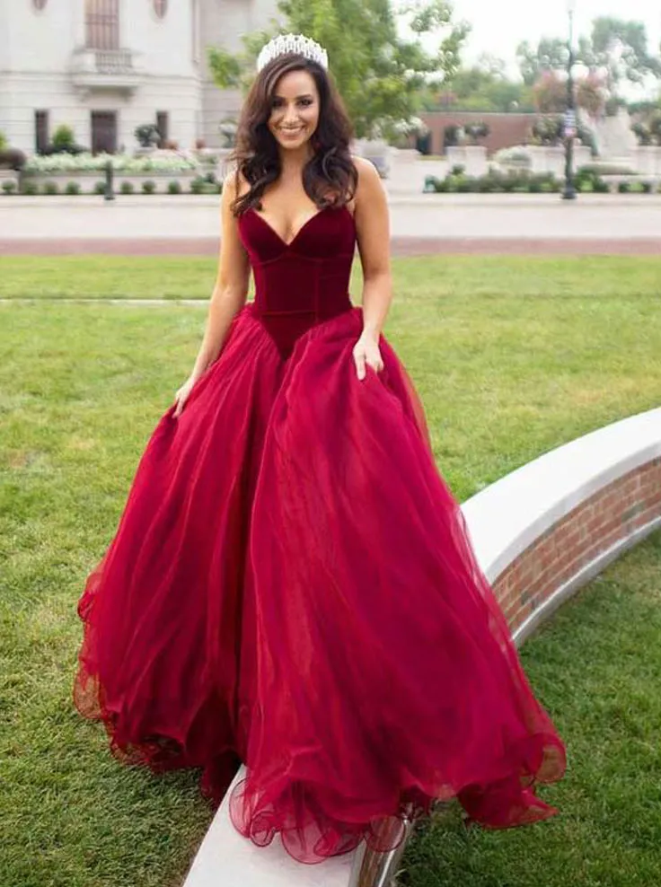 Hot Sell High Quality Strapless Burgundy Organza Sweep Train Prom Dresses Evening Gowns for Women In Stock