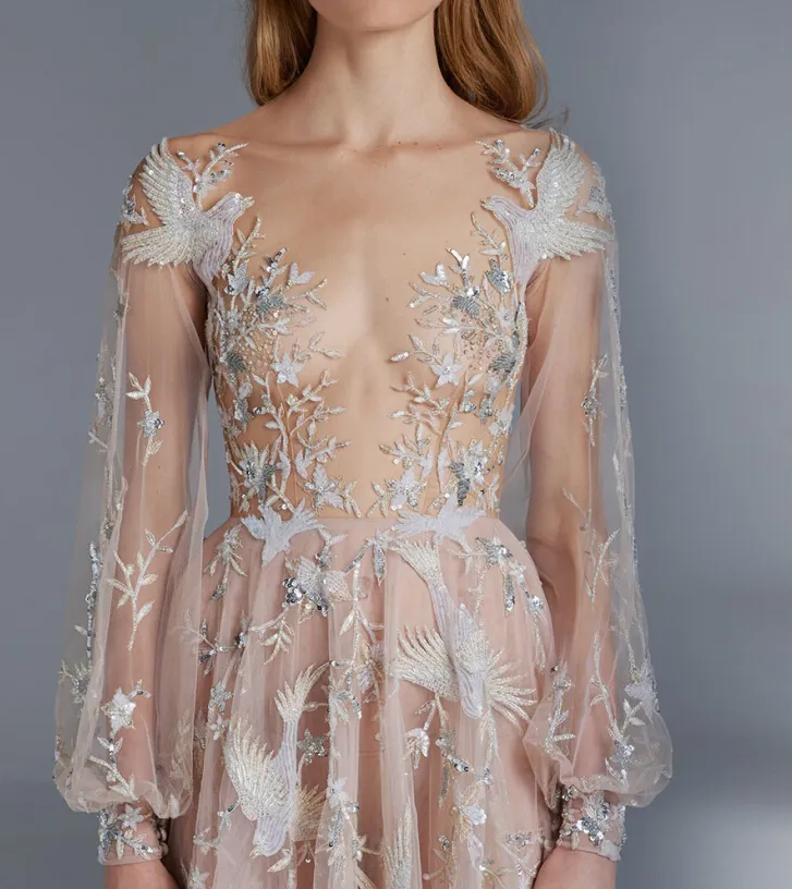 Paolo Sebastian Prom Dresses Sexy See Through Long Sleeves A Line Tulle Flower Bird Appliques Formal Dress Celebrity Dress For Red Carp