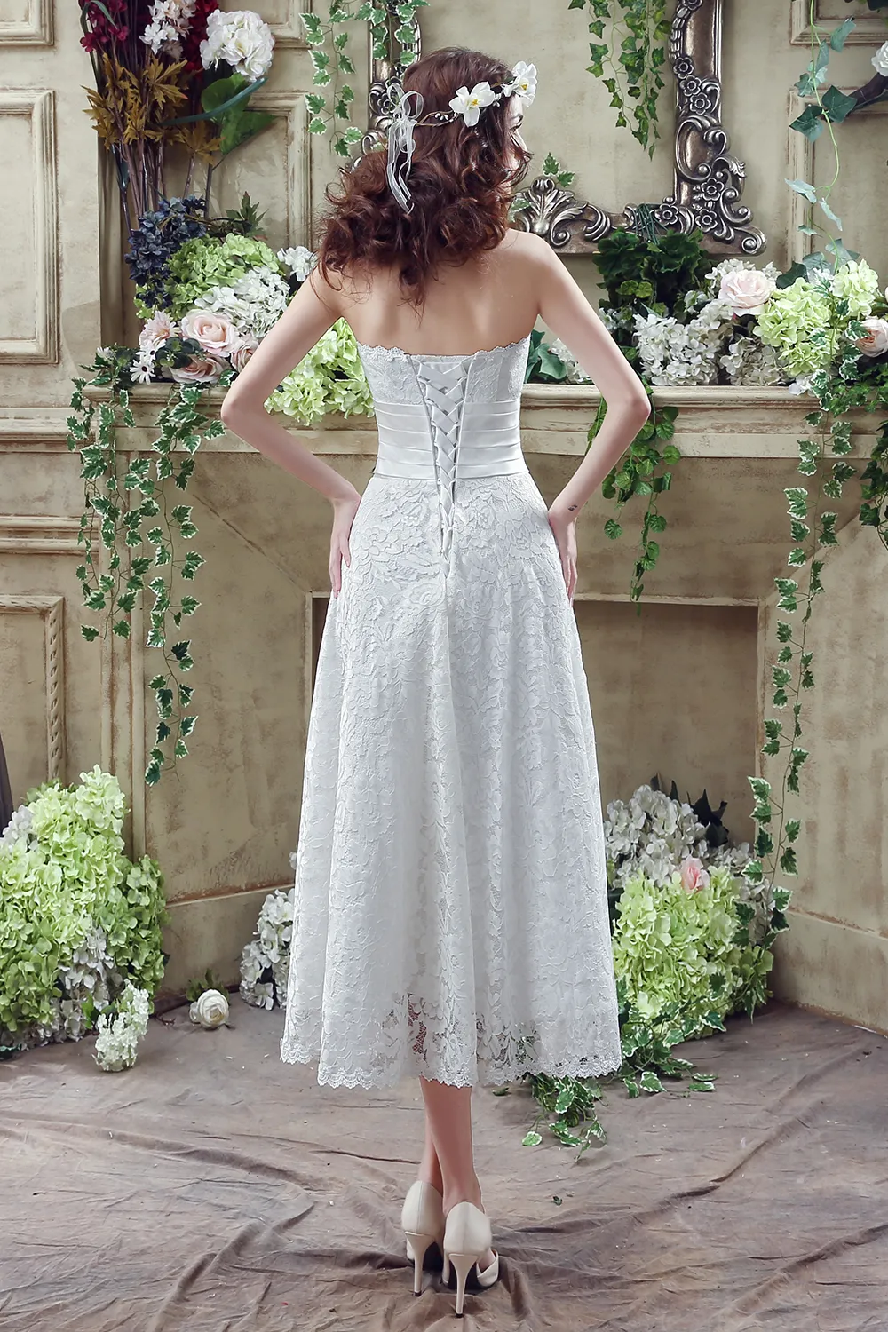 2016 Lace Short Wedding Dresses Strapless A Line Sexy Back with Handmade Flower Ankle Length Summer Beach Cheap Bridal Gowns CPS240