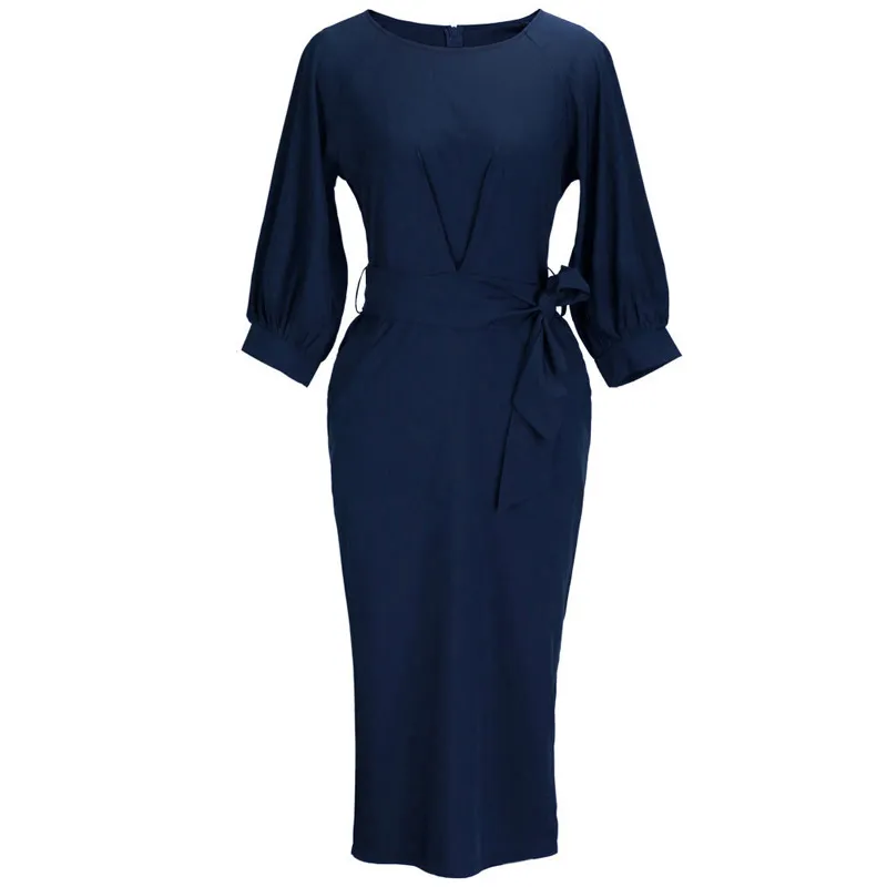 Lente herfst 2015 elegante vrouwen jurk halve lantaarn mouw o-hals bodycon tuniek bandage midi potlood jurk zak werkzame