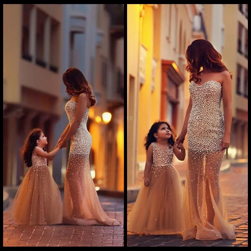 Mother And Daughter Matching Dresses Mermaid Tulle Pearls Prom Dress Elegant Long Formal Evening Dresses Flower Girls Gowns