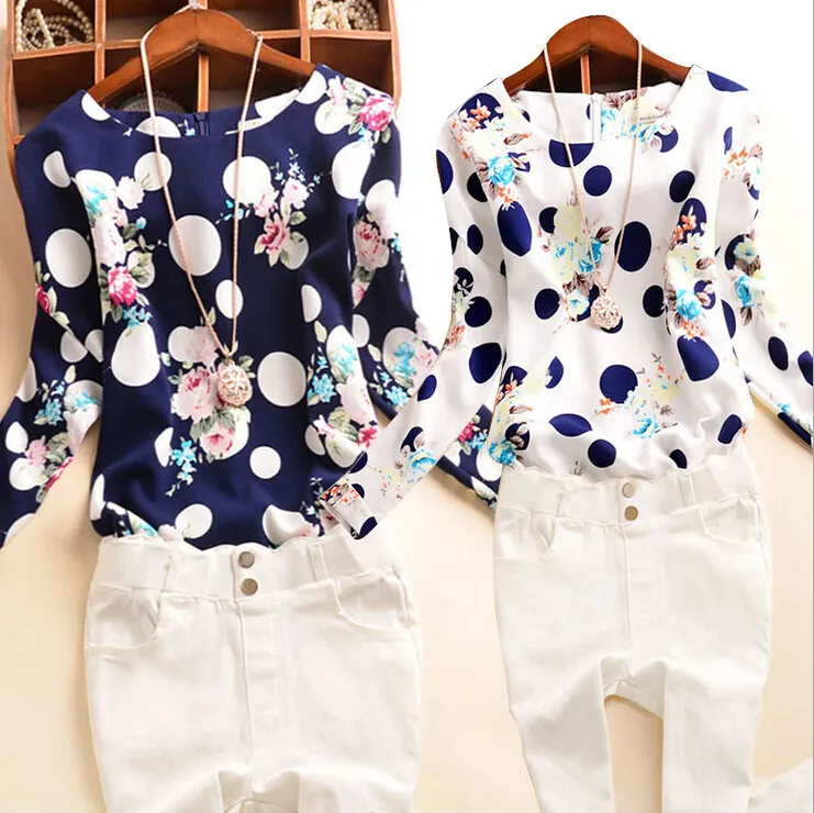 2016 Primavera Otoño Nueva Moda Floral Dot Print Blusa de gasa Camisas Casual Elegante Ropa de mujer Tallas grandes 4XL Tops Blusas para mujeres