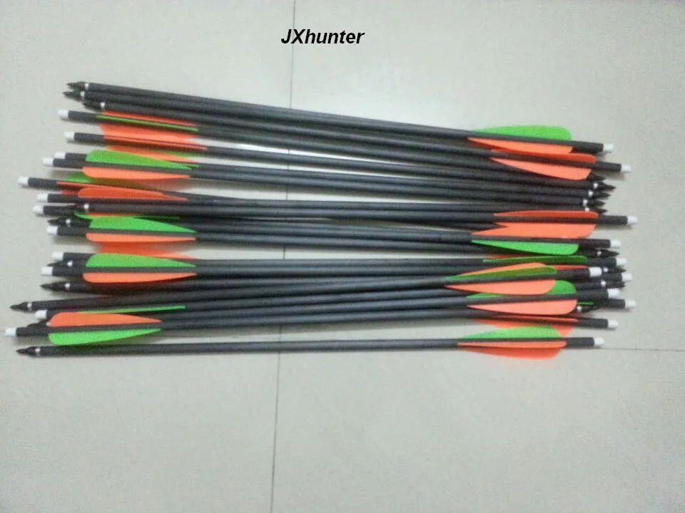 12pk Archery Jakt 18 tum Crossbow Mixed Carbon Arrow Bolt med 4 "Arrow Vane Grön och Orange Arrow Feather