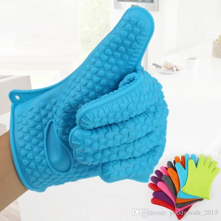 Silicone BBQ Gloves Insulated Kitchen Tool Heat Resistant Glove Oven Pot Holder Cooking Mitts Five Fingers Anti Slip Dots 142g/pcs[SKU:A586]