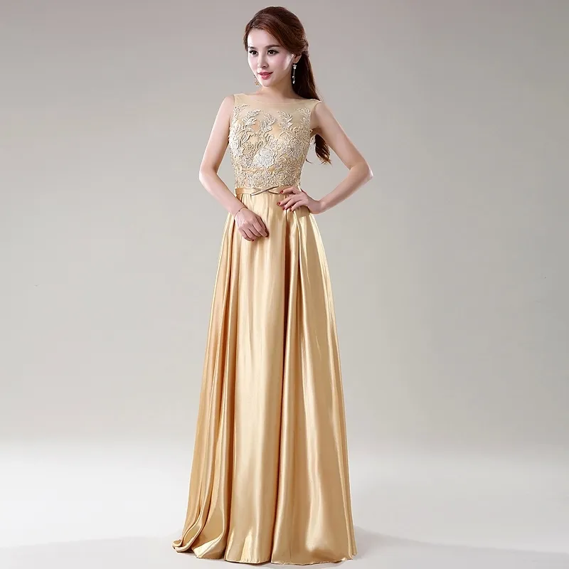 De Gala Elegante Color Dorado De Encaje Superior De Satén Una Línea De Vestidos Dama De Honor Largas Barato De 66,43 €