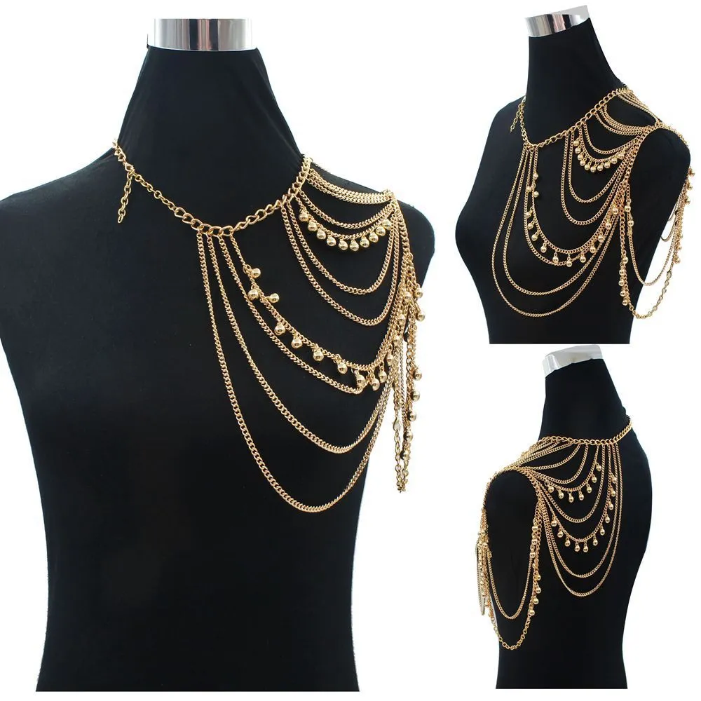 Womens Multi Layered Gold Shoulder Body Chain Necklace, Sexy Fashion
