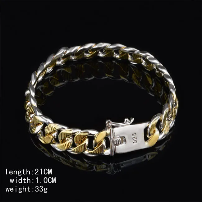 Haute qualité 925 argent Figaro chaîne bracelet Doré 10MMX20CM bijoux de mode pour hommes livraison gratuite