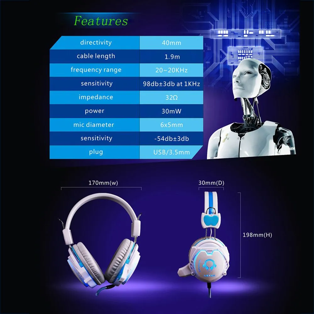 White 3.5mm Plug Professional Game Headset Hifi Stereo USB LED Light Gaming Headphone with Mic Microphone for PC Game CS DOTA2