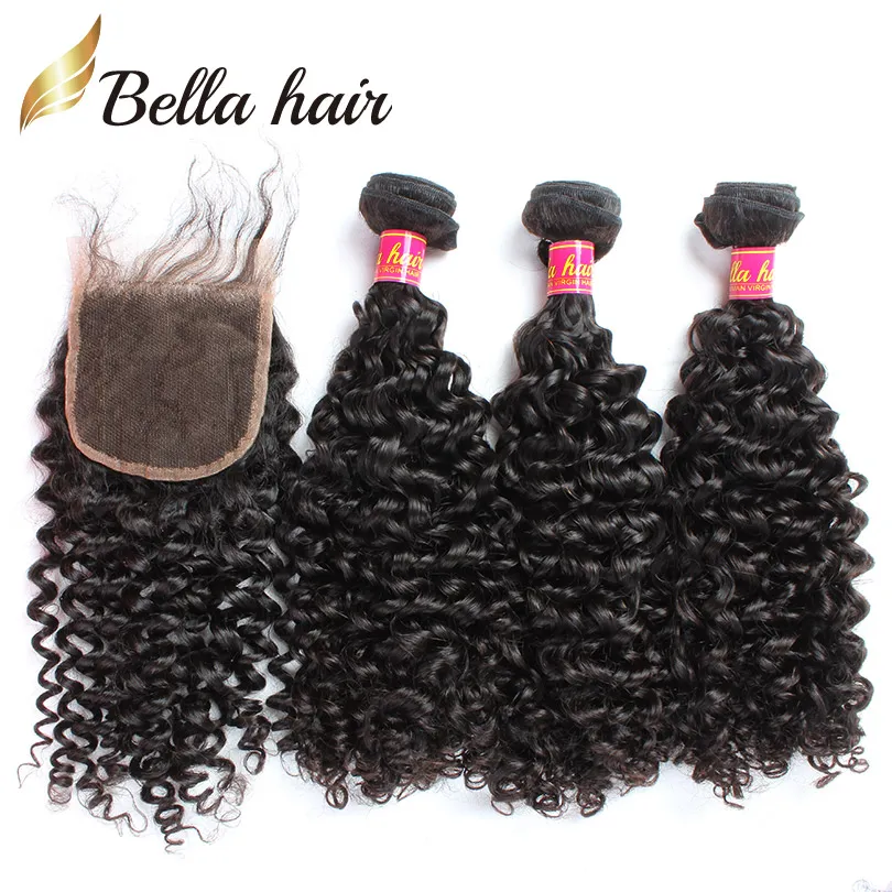 Fechamento de cabelo com pacotes de extensões de tecer encaracolado cabelo virgem humano malaio tece fechamentos 4x4 cor natural Bellahair tramas