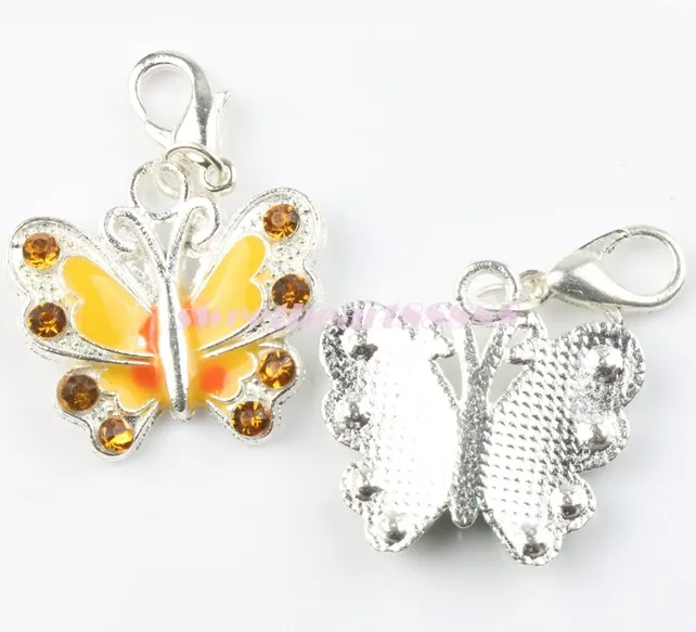 7 Farben Emaille-Schmetterling-Strass-Charms, 56 Stück, 22 x 35 mm, Herz, schwebende Karabinerverschlüsse, Charm für Glas-Living-Memory-Medaillon C238x