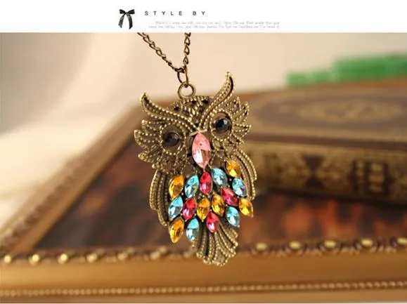 PrettyBaby alloy with rhinestones owl necklaces retro owl necklaces Colorful rhinestone bronze charm Long Chain Jewelry Pendant Necklace