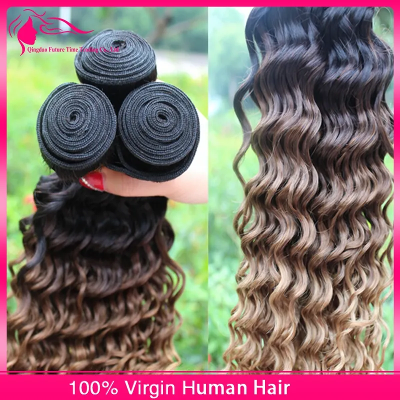 Malaisienne vague profonde ondulée Ombre Extensions de cheveux humains 1B 4 27 Ombre cheveux Weave Bundles avec trois tons Ombre dentelle fermeture Lot4145049