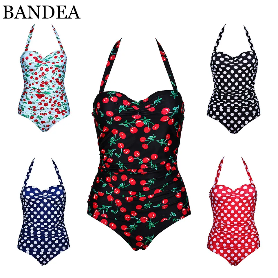 Floral One Piece Swimsuit 2017 Wholesale BANDEA Dot Plus Size Bandage Halter Retro Push Up One