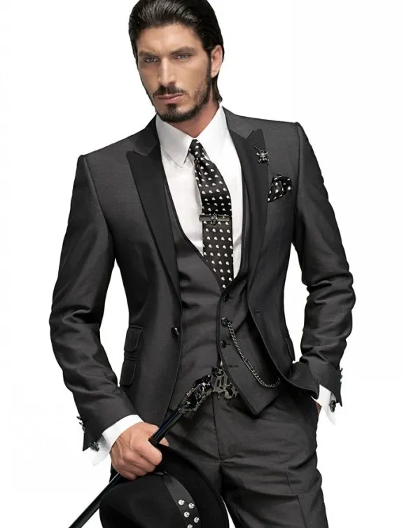 Costumes pour hommes Blazers Tuxedos de marié Coupe ajustée Un bouton Gris anthracite Meilleur homme Peak Revers noir Garçons d'honneur Hommes Mariage (Veste + Pantalon Cravate Gilet) H751