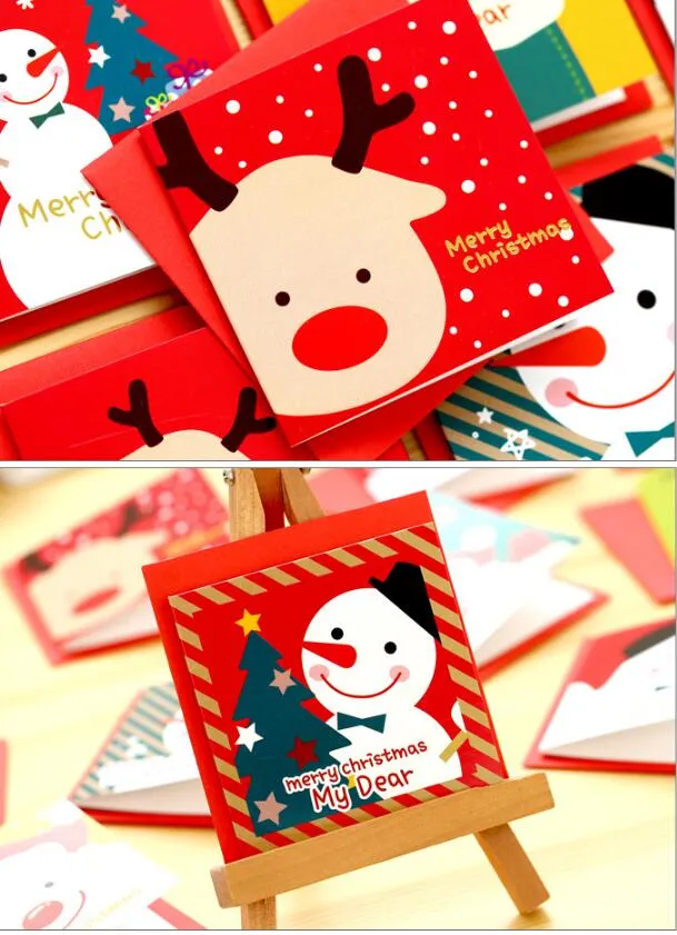 12 sztuk / partia Cute Cartoon Christmas Card Mini kartkę z życzeniami Zestawy wiadomości błogosławieństwa kartę z kopertami